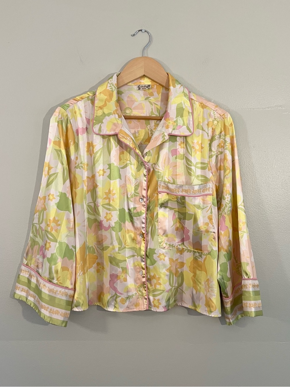Free People pillow talk yellow floral stripe satin pajama top bright fun whimsy
